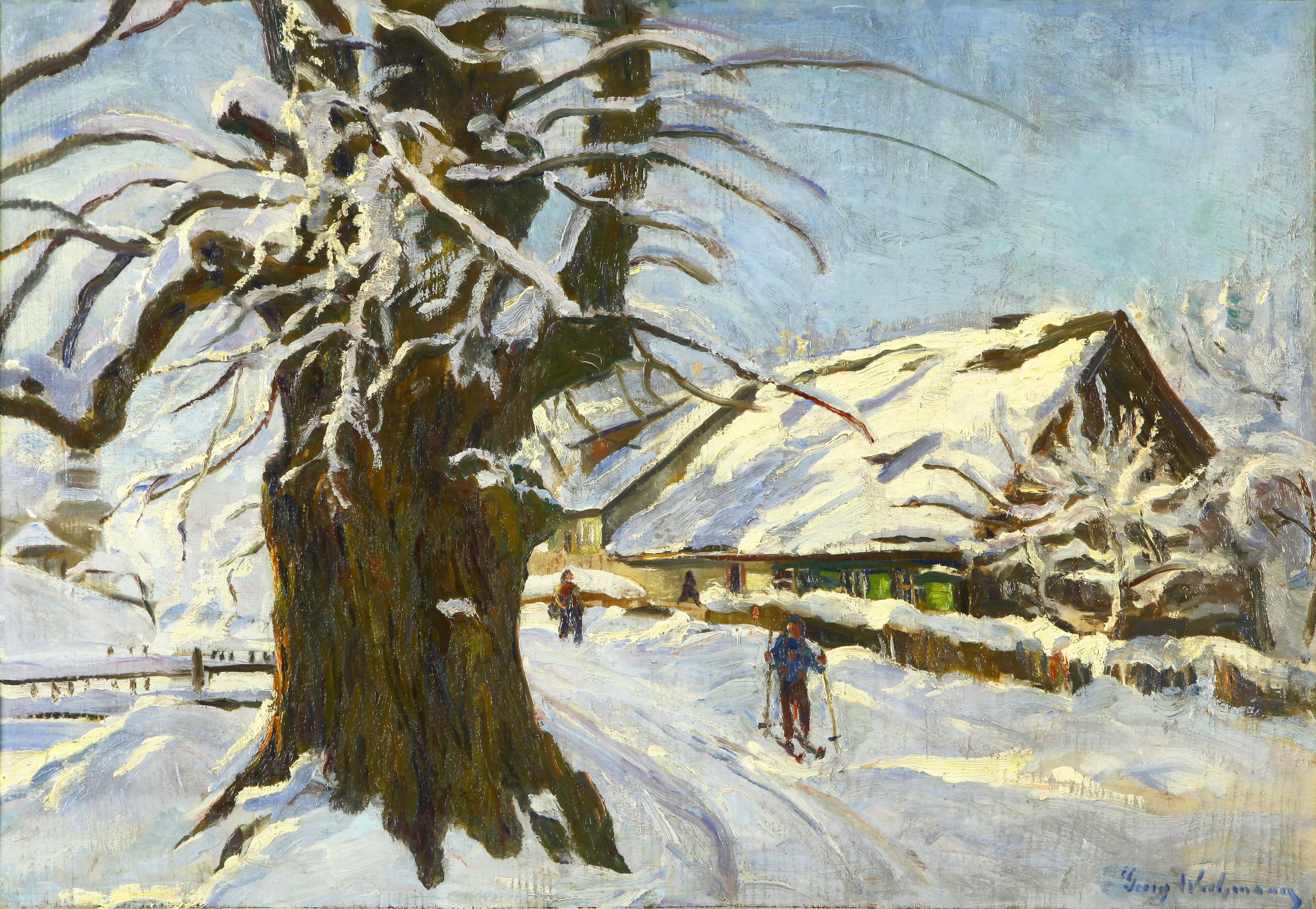 fot. Winter>  Przedstawia pokrytą śniegiem wieś na obrazie Georga Wichmanna